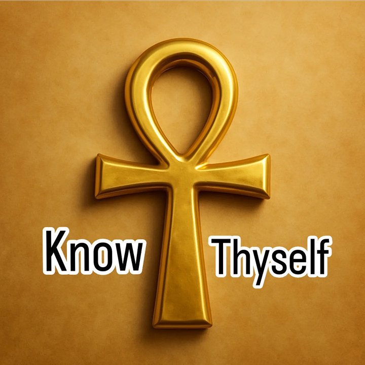 A gold ankh symbol on a gold background with the words "Know" and "Thyself" written across it.