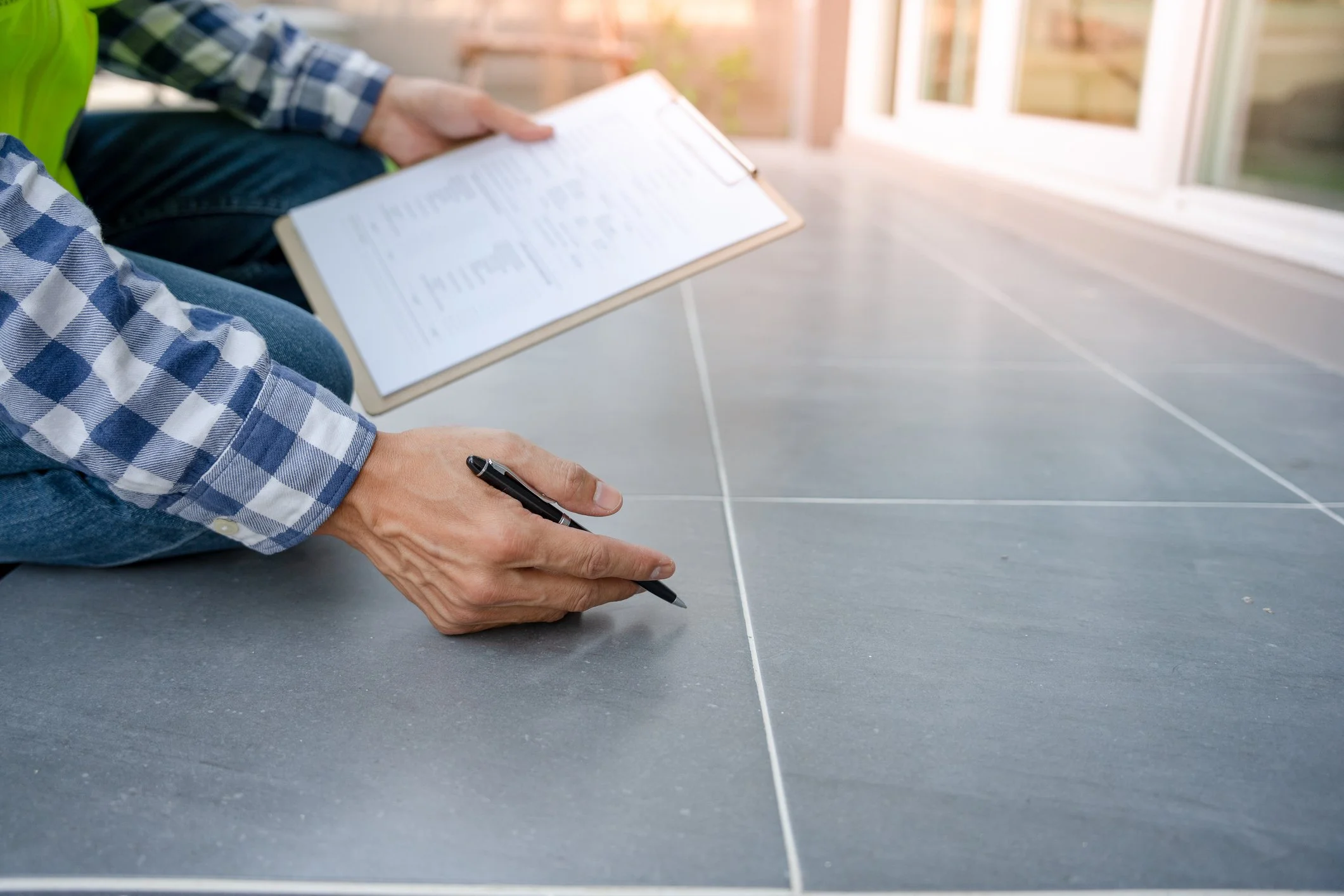 A person sitting on the floor with their legs crossed, wearing a blue checkered shirt, holding a pen in one hand and a clipboard with papers resting on their lap, near a sliding glass door with a view outside.