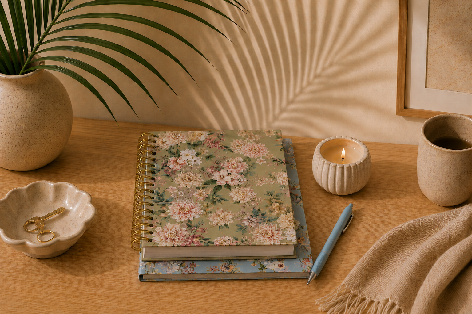 Floral notebook, pen, and candle on a wooden desk