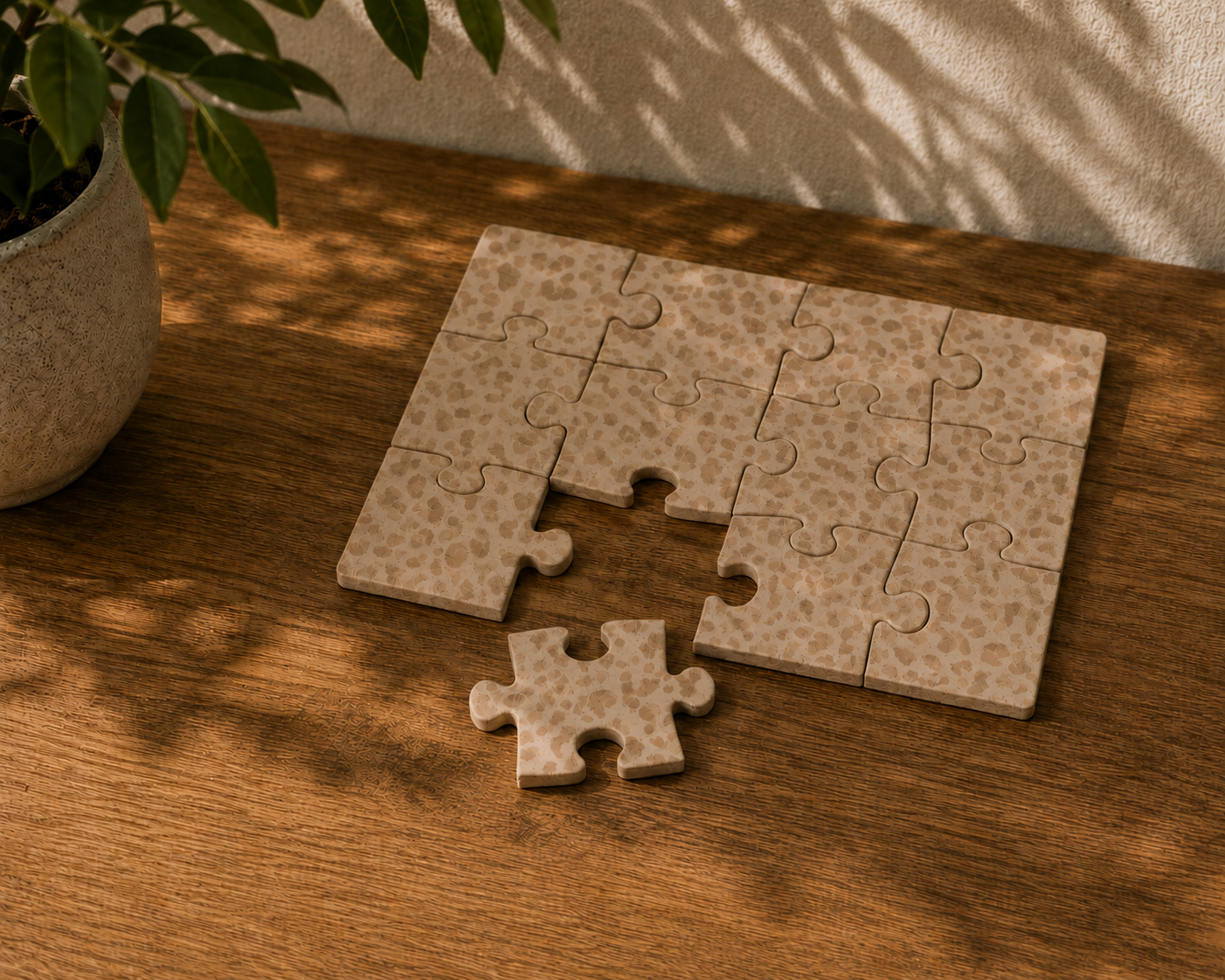 Puzzle pieces coming together on a wooden table