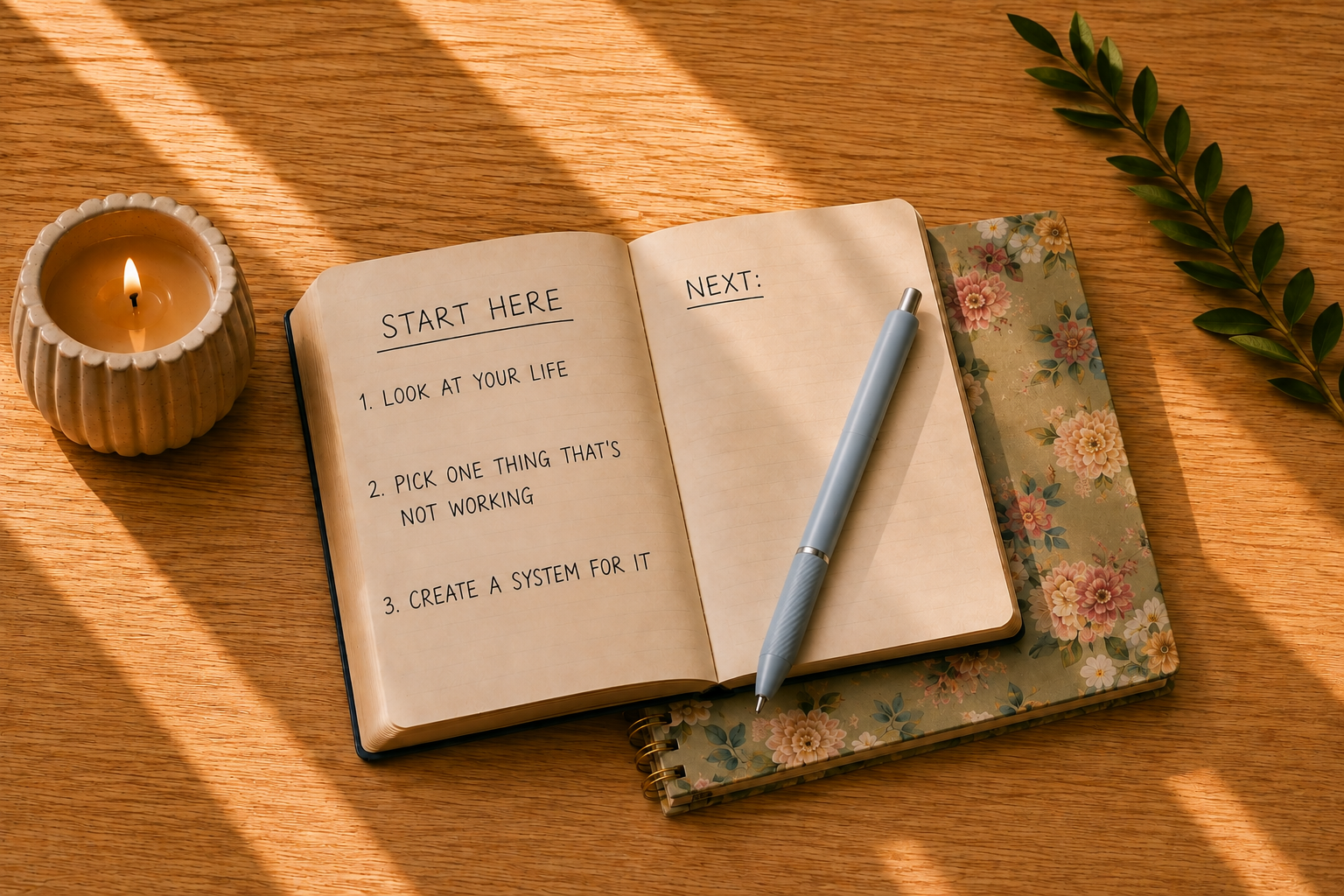 Open notebook with “Start Here” and “Next” handwritten on the pages, with a pen on a wooden desk