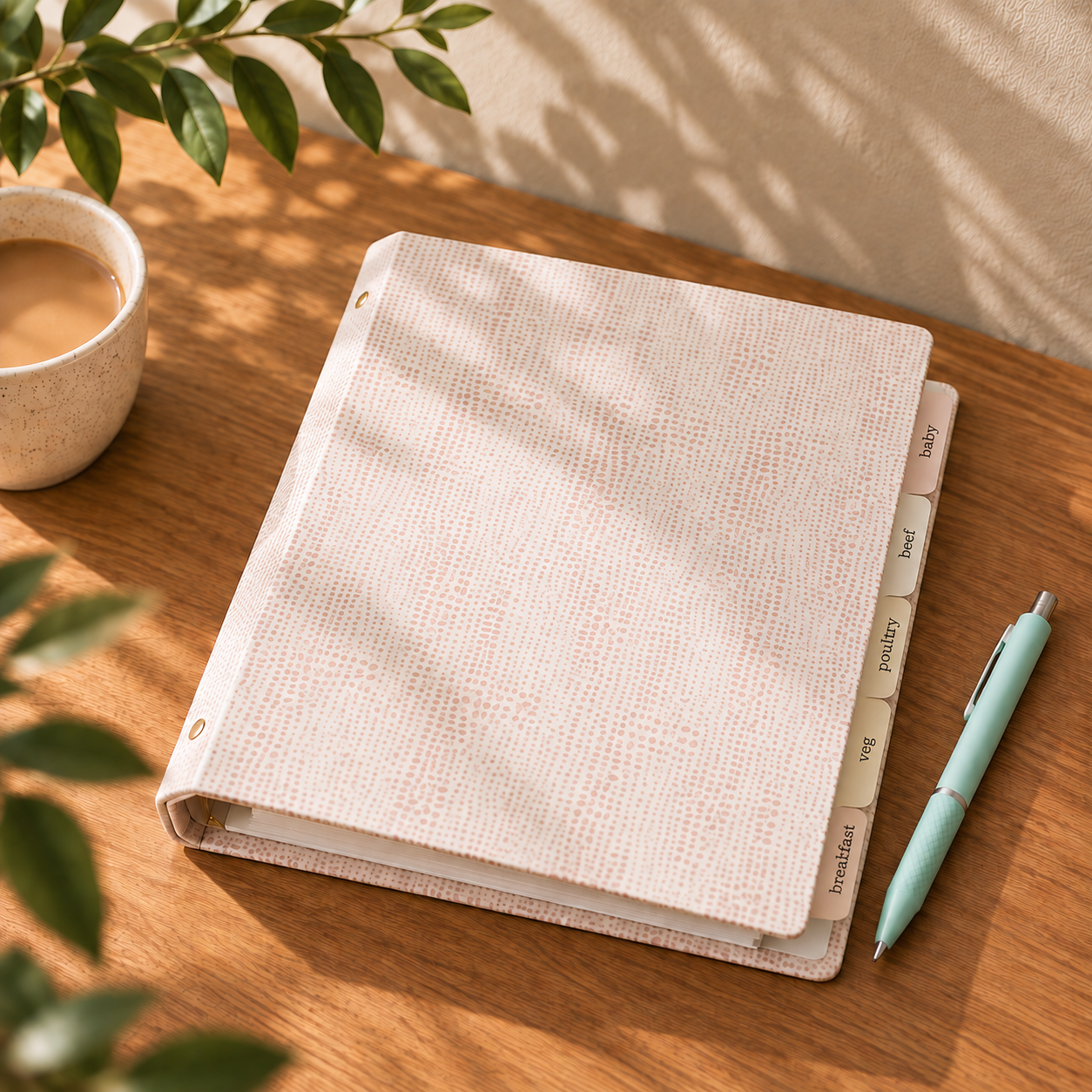 A blush-and-cream patterned recipe binder with labeled tabs sits on a warm wooden desk beside a mint green pen and a cup of coffee, with leafy shadows cast across the scene.