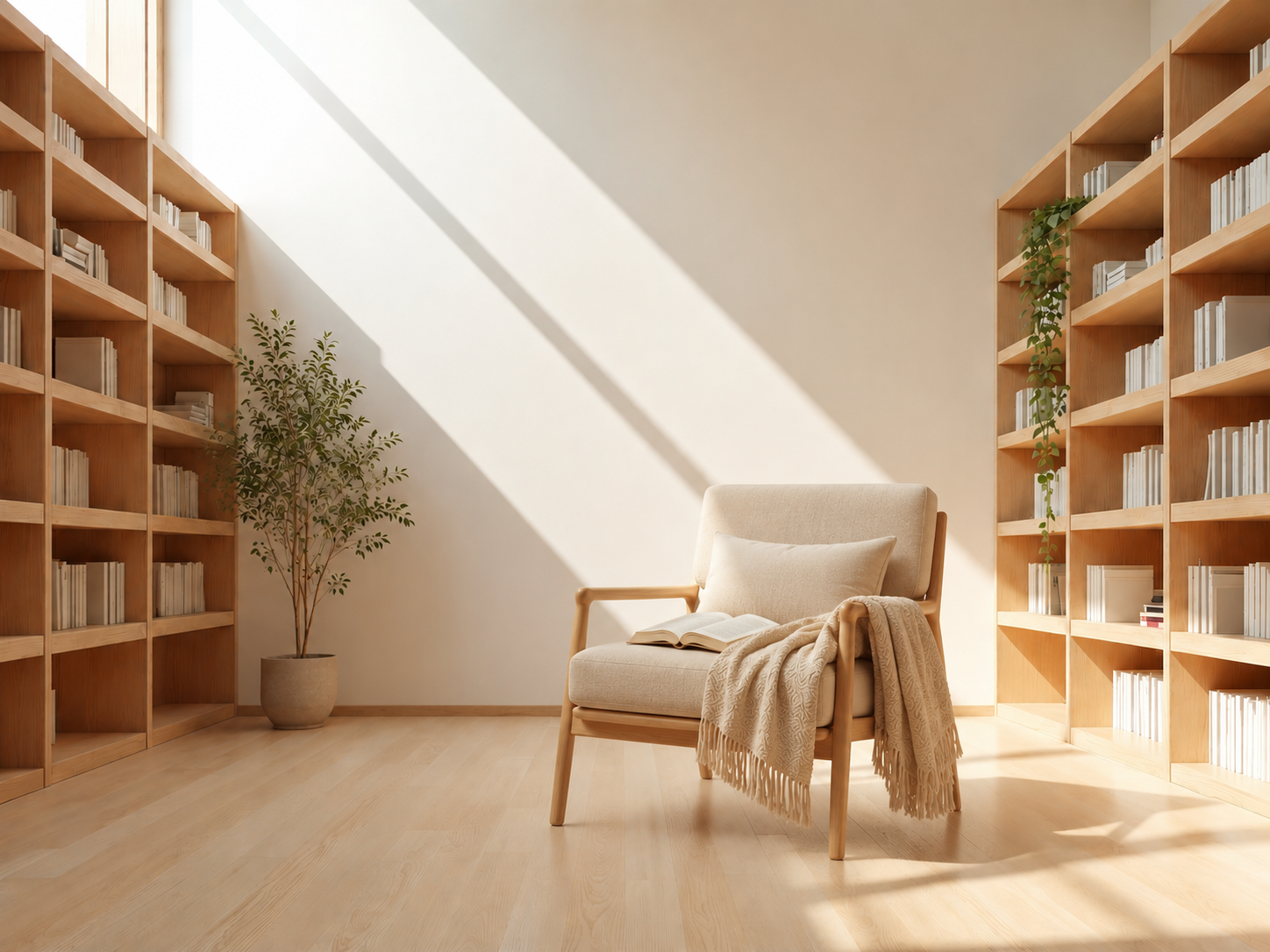 A cozy reading nook with a beige armchair, an open book, a knitted throw blanket, and a pillow, surrounded by wooden bookshelves and green plants, illuminated by natural sunlight.