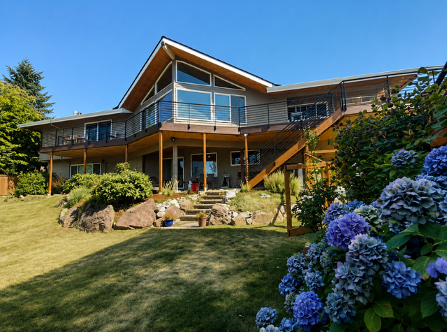 Modern house with large balconies, surrounded by a well-maintained garden with hydrangea flowers in the foreground, clear blue sky.