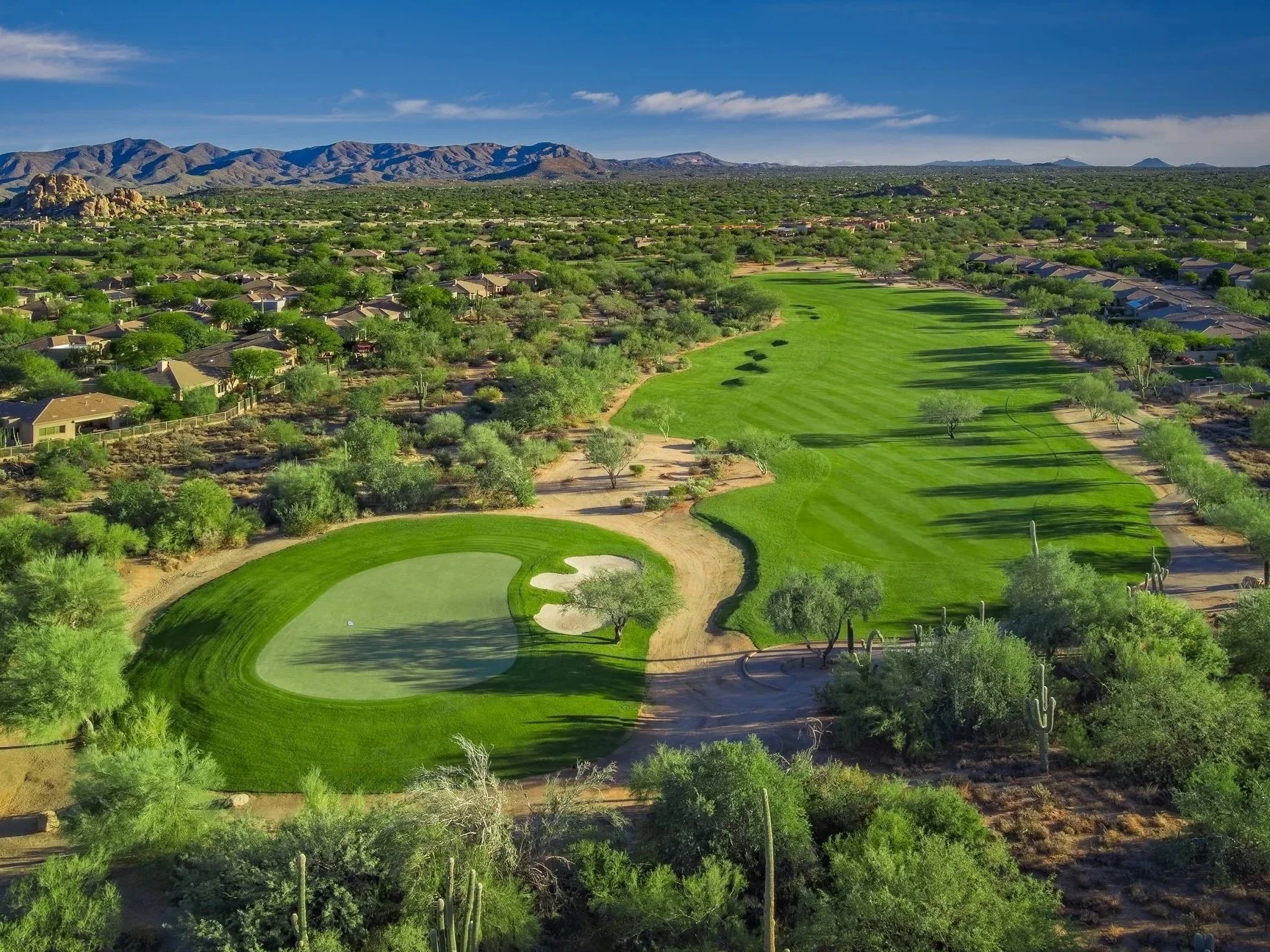 Aerial view of Terravita Golf & Country Club in North Scottsdale, with the golf course winding through the surrounding Sonoran Desert community.