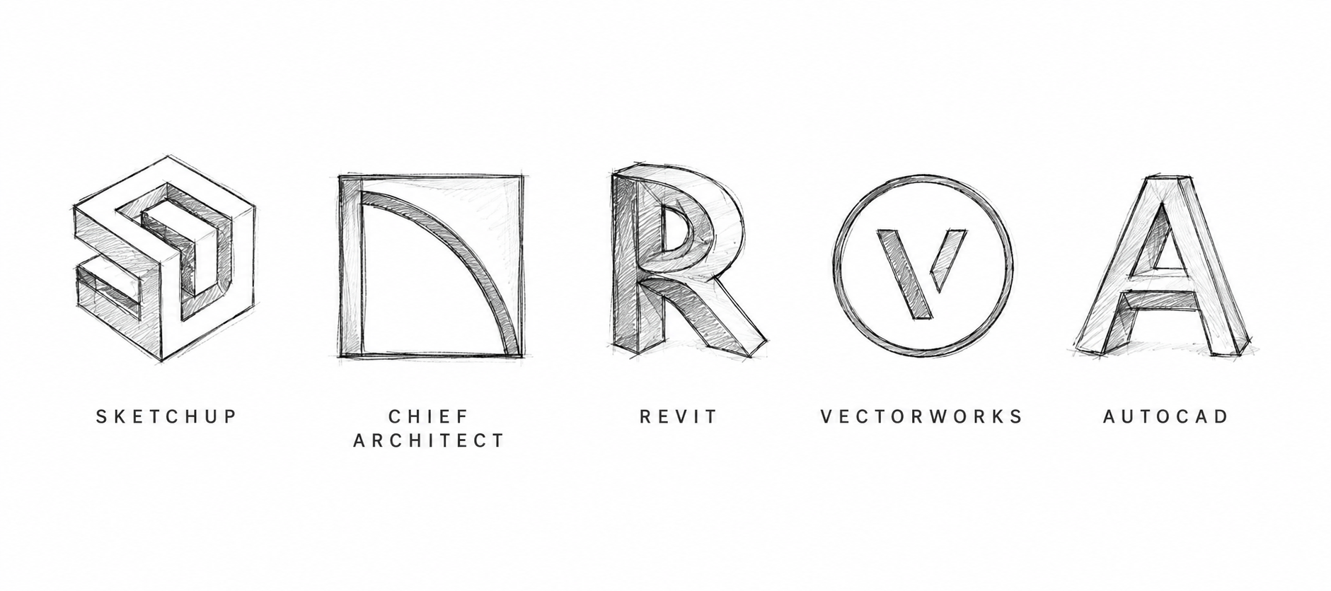 Cuatro letras y logotipos en dibujo técnico, con las palabras en inglés y español debajo: SketchUp, Chief Architect, Revit, Vectorworks y AutoCAD.