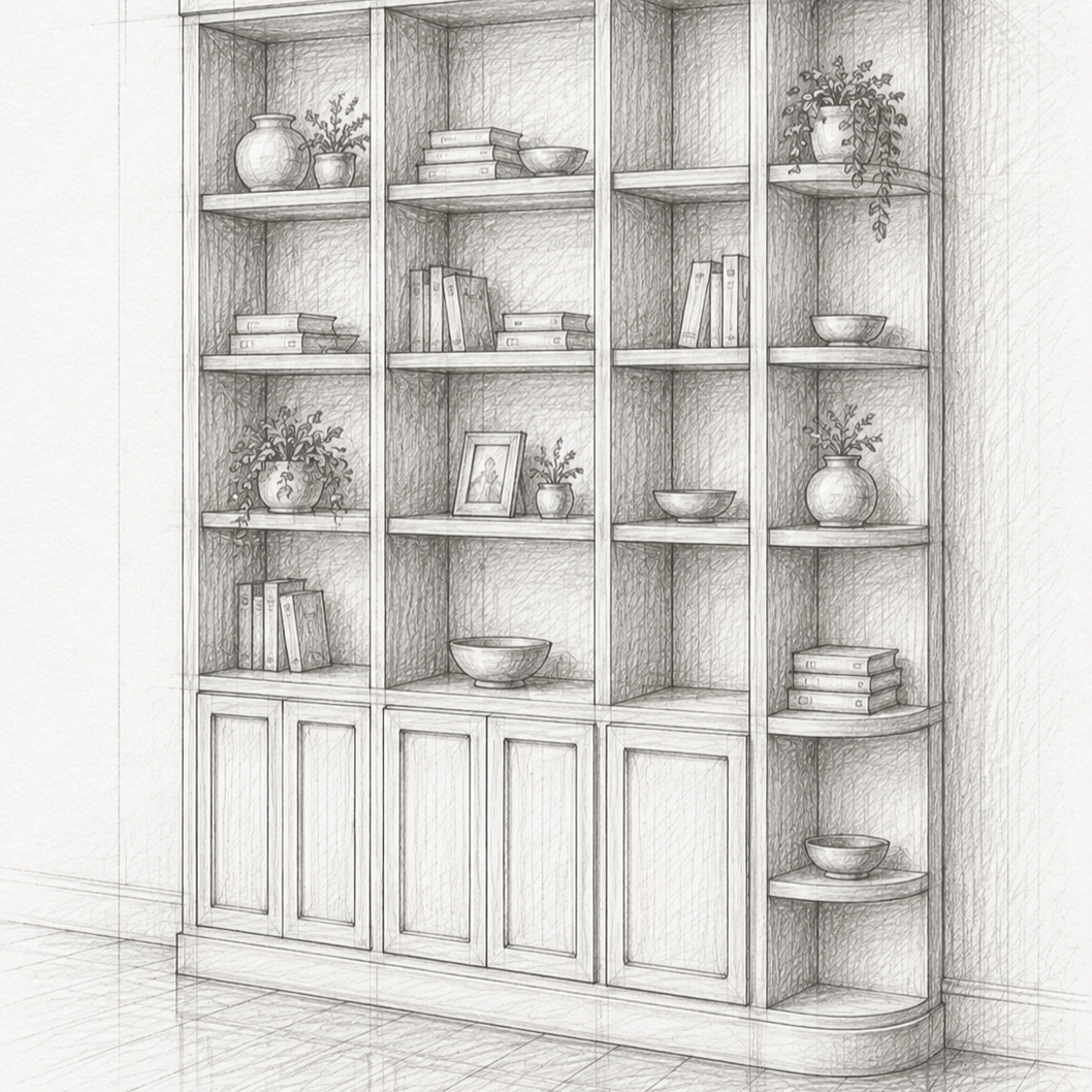 Estantería de madera con libros, jarrones con plantas y tazas decorativas.