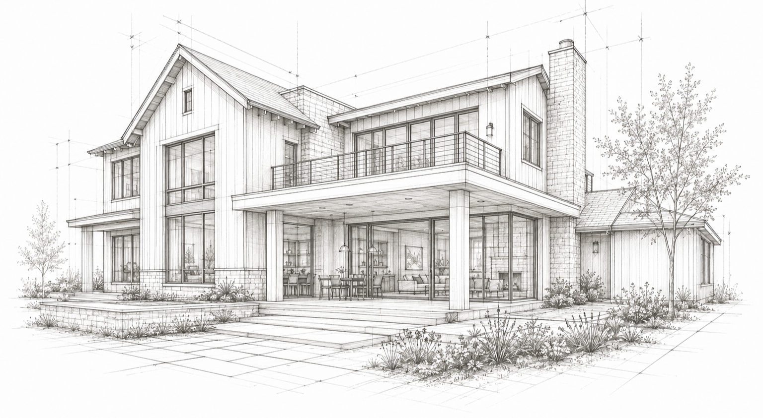 Boceto arquitectónico de una casa moderna con planta de diseño, detalles en ventanas grandes y patio con jardines.