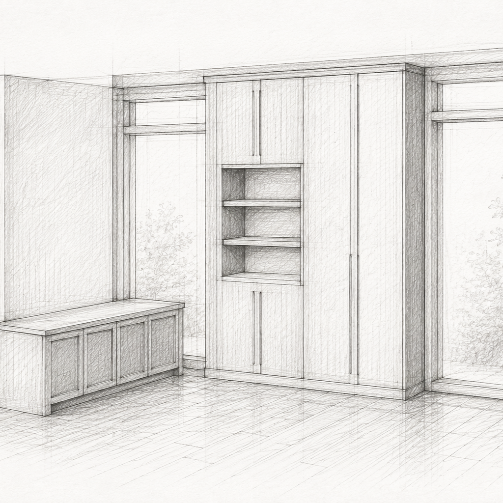 Boceto de diseño de interiores de una habitación con armarios empotrados y una banca.