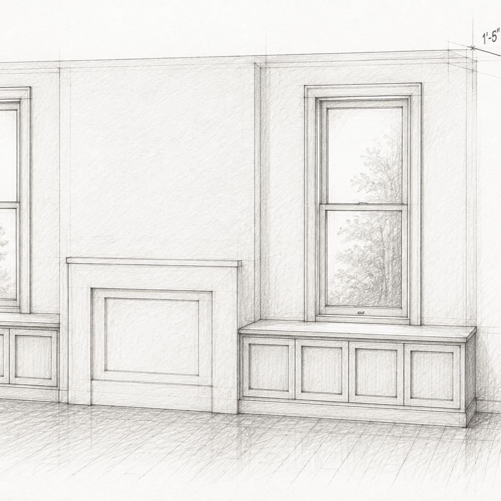 Boceto o plano arquitectónico de una pared interior con una ventana y un mueble debajo de la ventana.