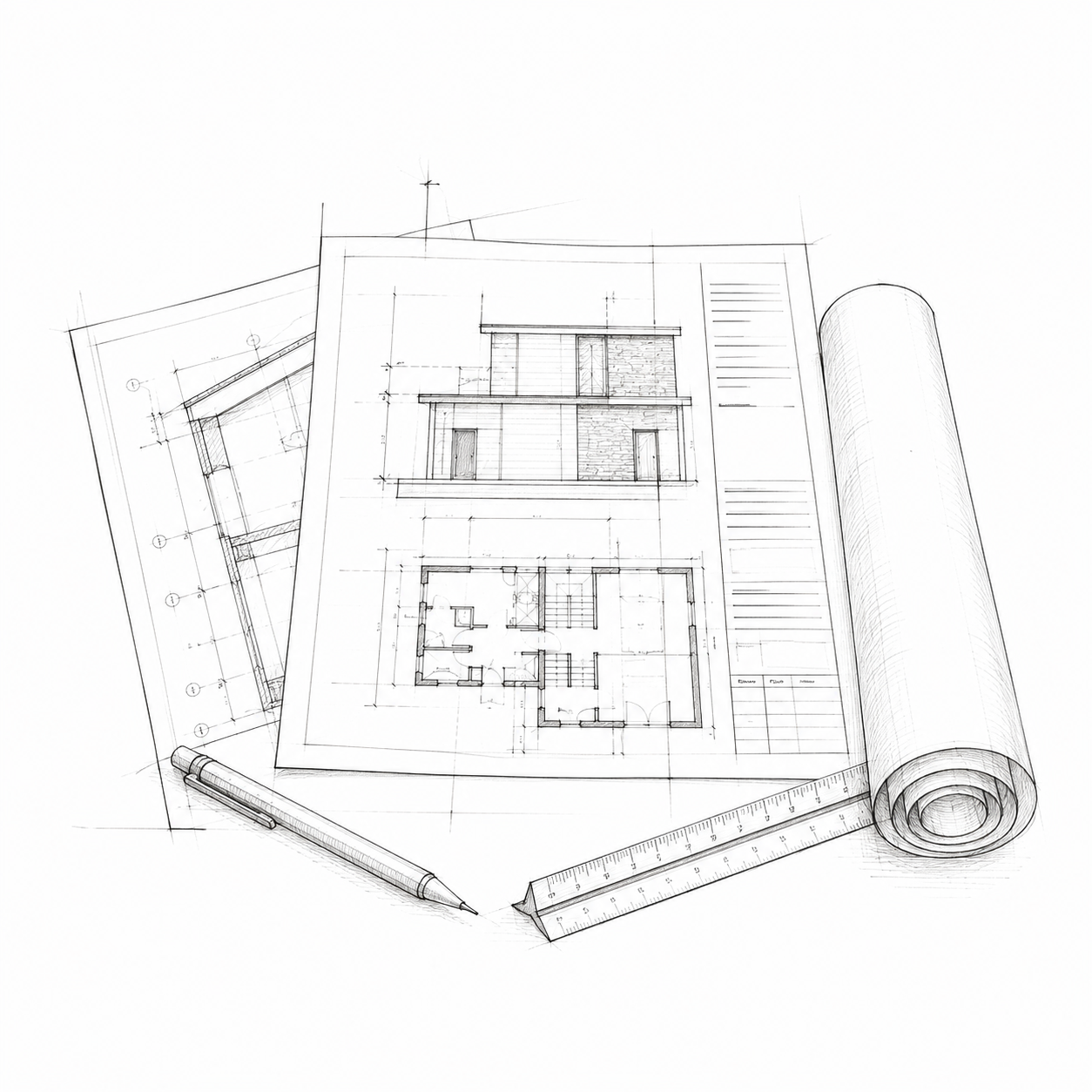 Papel de planos arquitectónicos, compás, regla, bolígrafo y una maqueta en espiral, todo en un fondo de dibujo técnico.