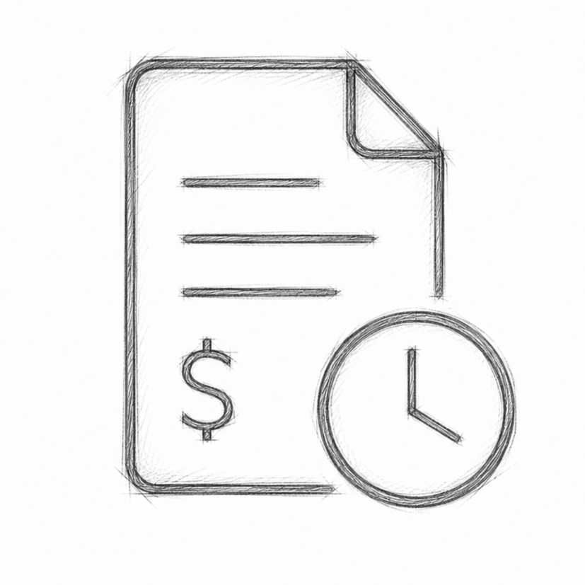 Es un dibujo de una factura con un símbolo de dólar y un reloj, indicando facturación o pagos programados.