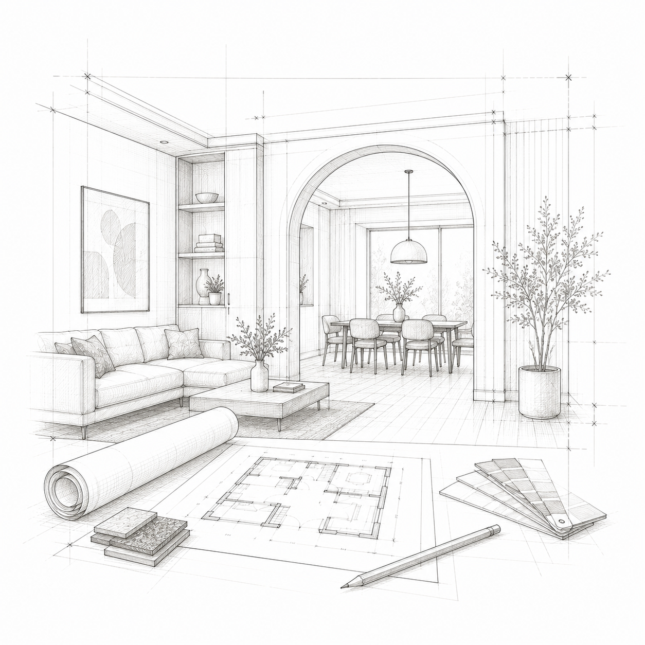 Boceto arquitectónico de una sala y comedor con plantas, mobiliario y planos