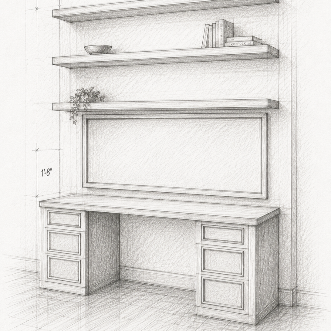 Dibujo técnico de una pared con estanterías y un escritorio de fondo, incluyendo detalles arquitectónicos y mediciones.