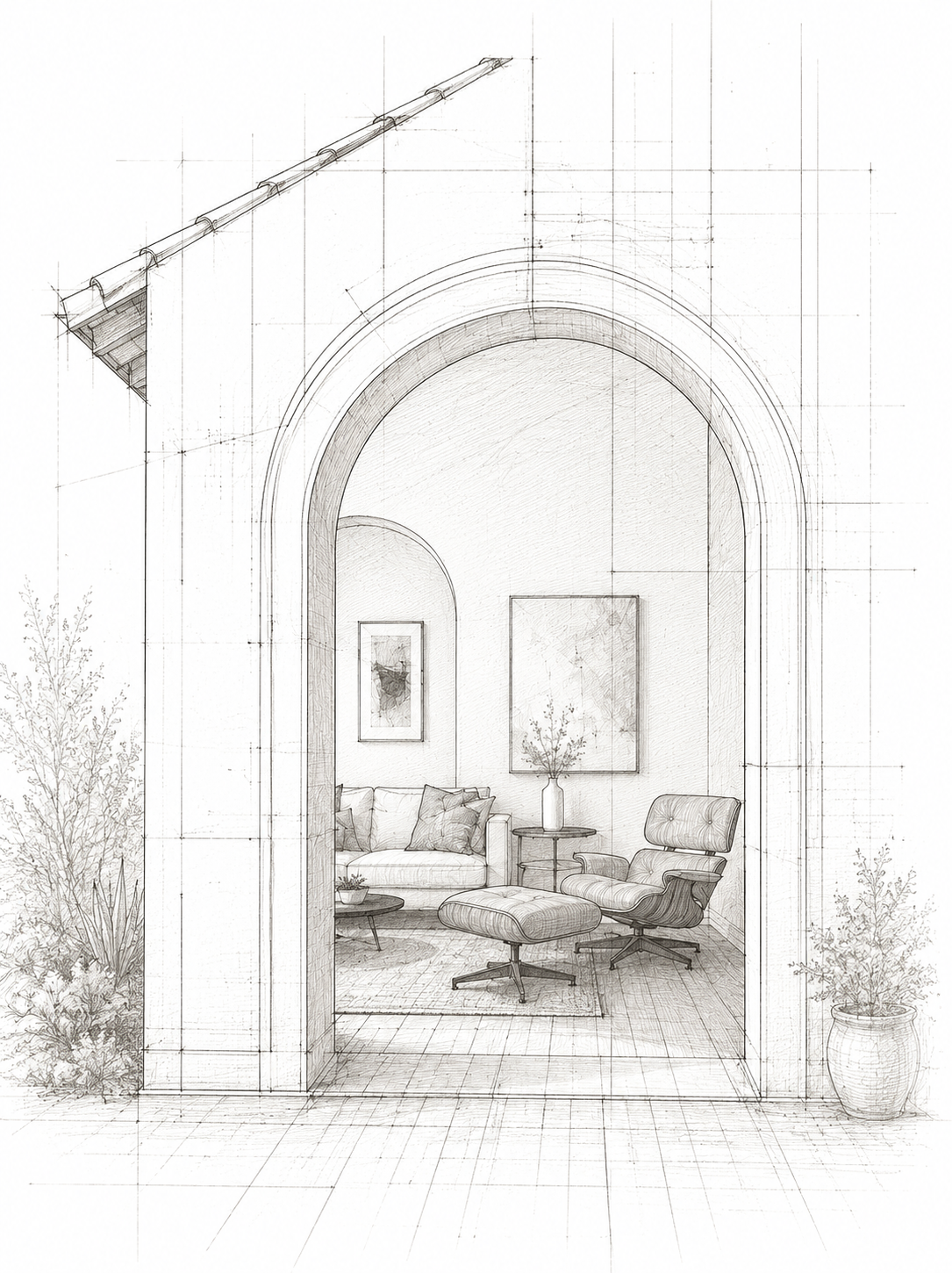 Boceto en tinta de una sala de estar vista a través de un arco, con muebles y plantas decorativas.