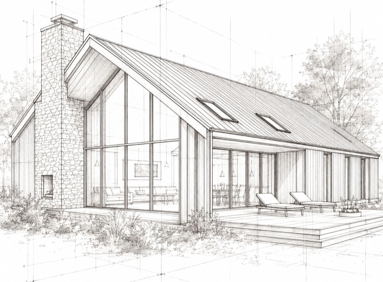 Architectural sketch of a modern residential home with glass walls, metal roof, and outdoor living area.