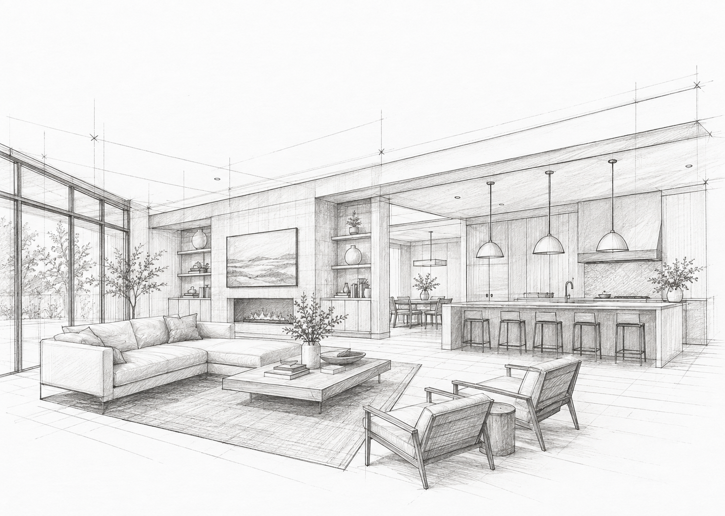 Architectural interior sketch of an open-concept living room and kitchen with custom detailing and furniture layout.