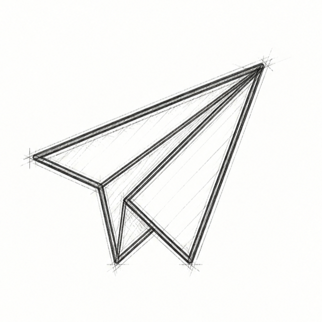 Dibujo técnico de un avión de papel en perspectiva, con líneas de construcción y sombreados.