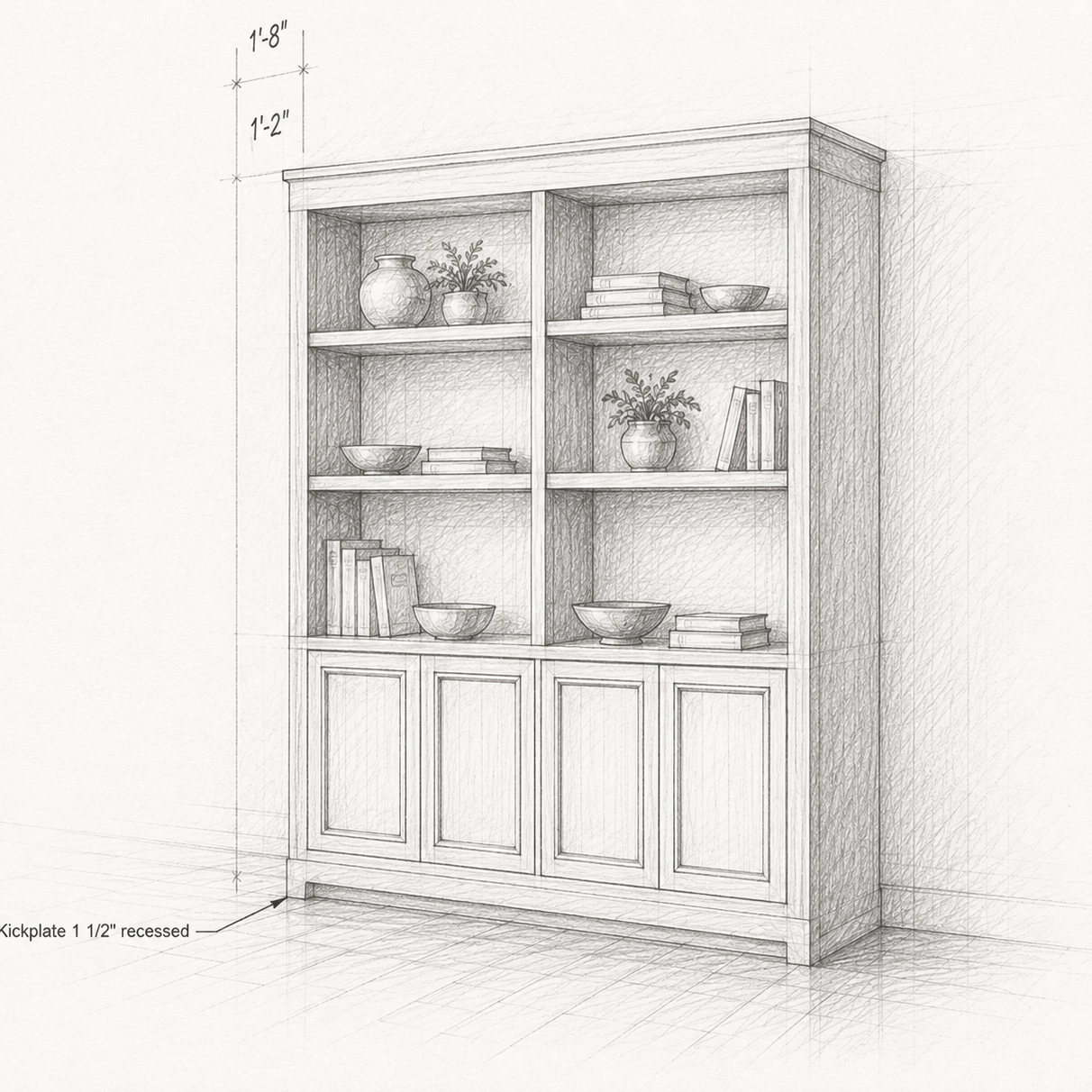 Dibujo técnico de un mueble con estanterías y puertas, con objetos decorativos como jarrones, libros y platos, detalles de dimensiones y estructura.