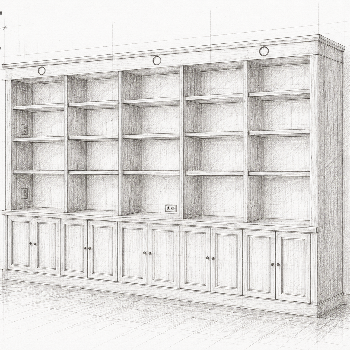 Bosquejo de una estantería de madera con puertas en la parte inferior y múltiples estantes vacíos en la parte superior, con tomas de corriente eléctricas en la parte trasera.