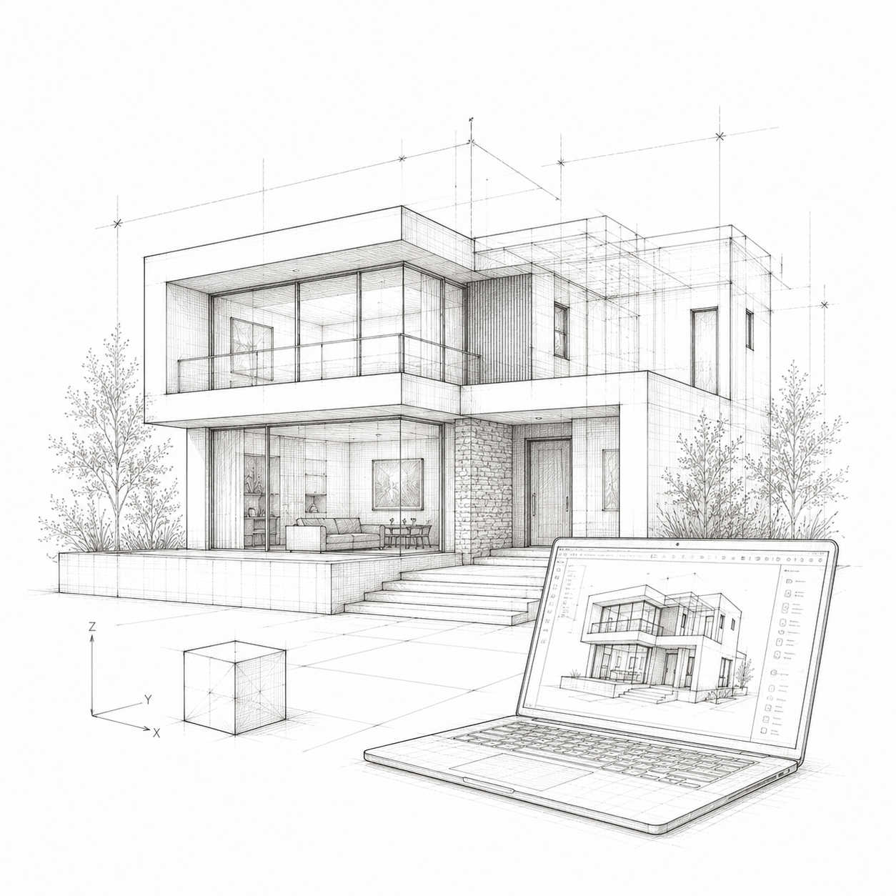 Dibujo arquitectónico de una casa moderna, mostrado en una pantalla de laptop, con plantas alrededor, y elementos de diseño en 3D.