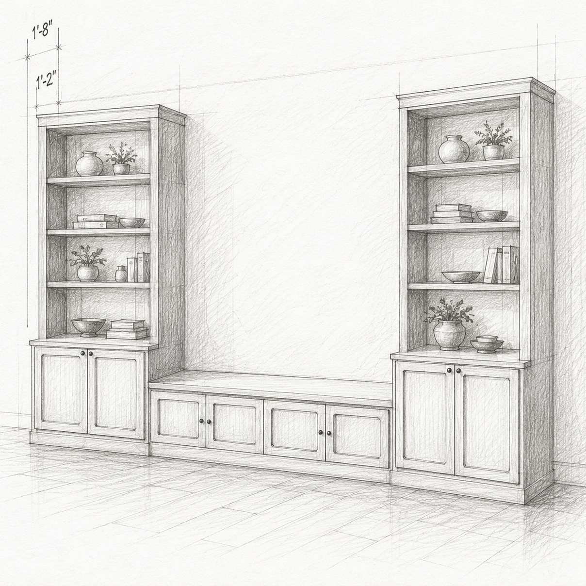 Dibujo a lápiz de una estantería con puertas, con objetos decorativos y libros.