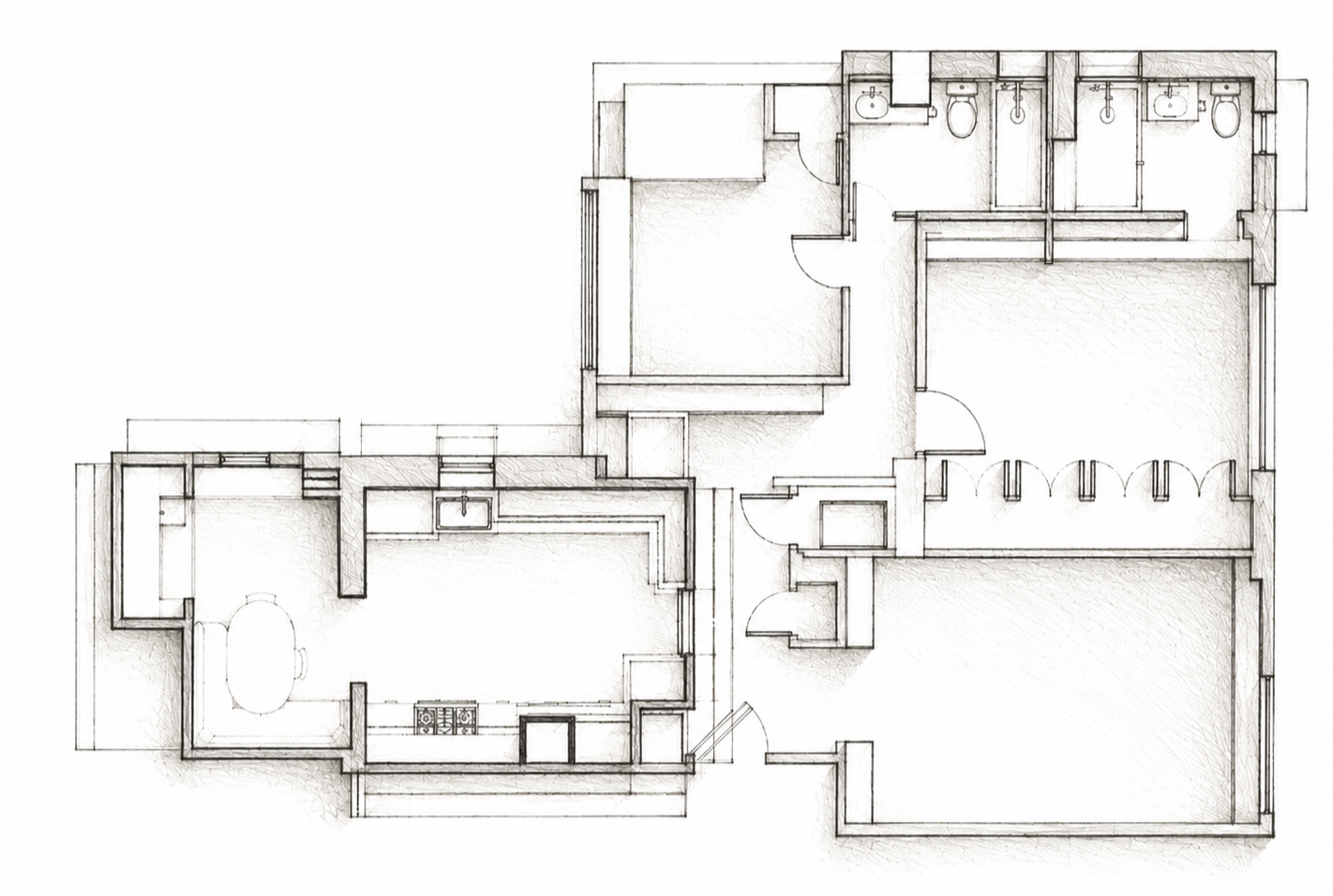 Plano arquitectónico de una casa con diferentes habitaciones, baños y áreas de cocina y comedor.