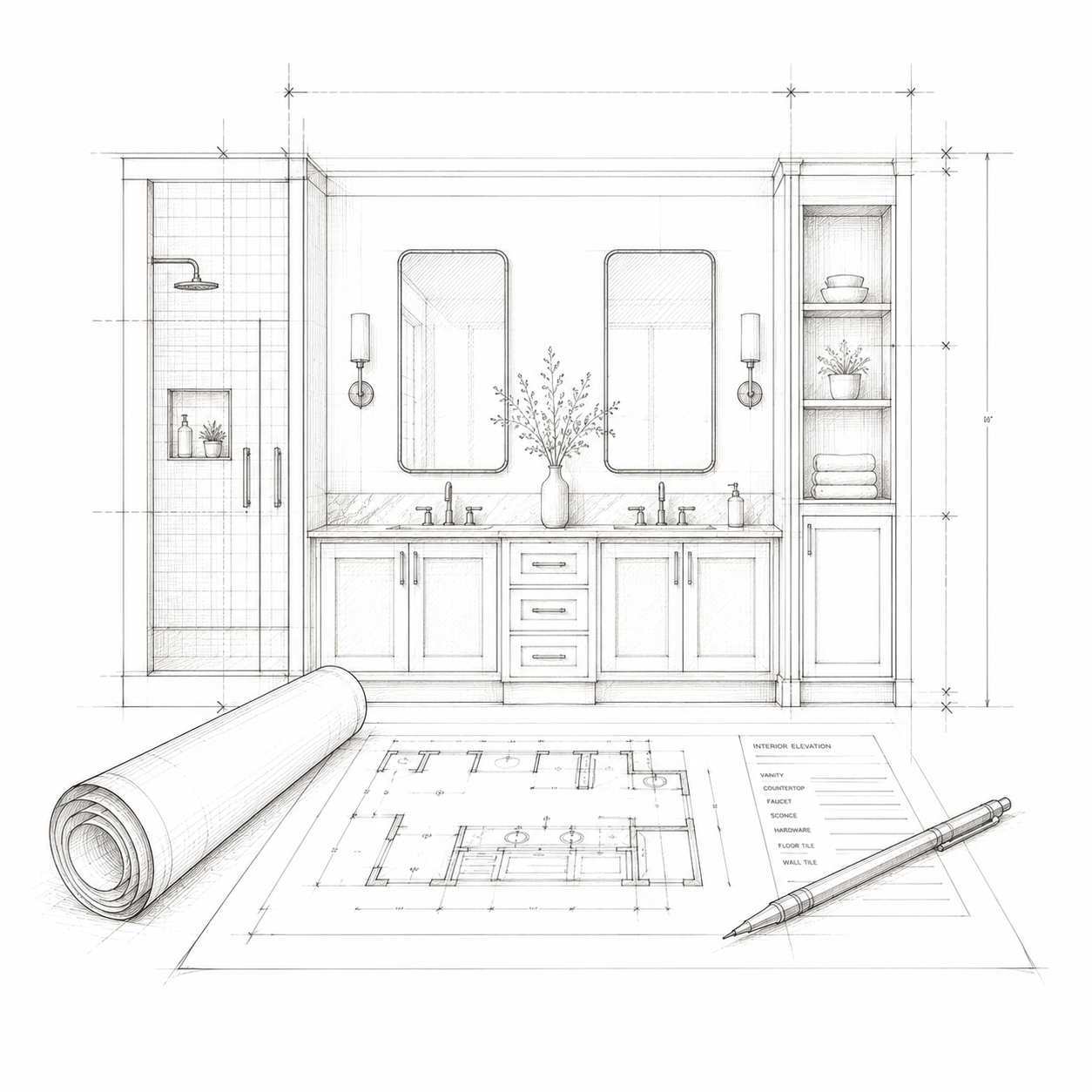 Dibujo técnico de un baño con doble lavabo, espejo, y una ducha, con plano en la parte inferior y un bolígrafo en primer plano.