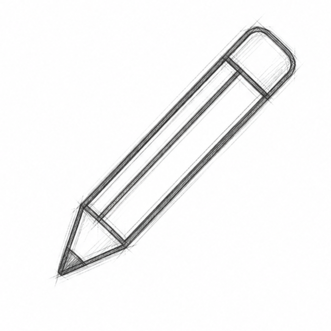 Boceto técnico de un lápiz en líneas finas y sombreados.