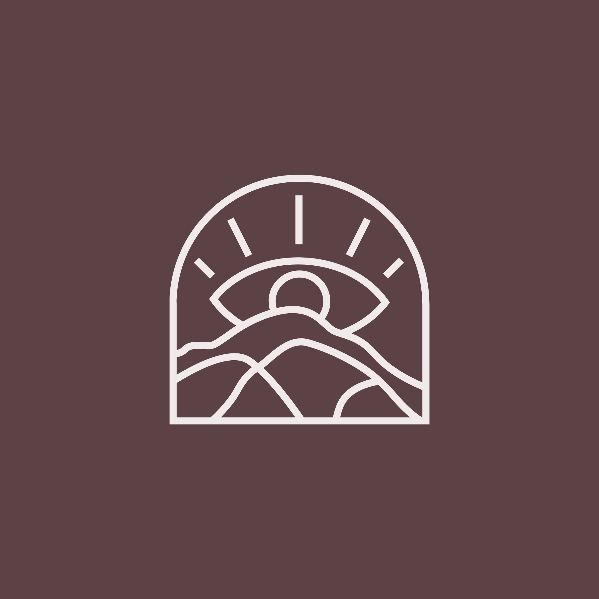Minimalist white line drawing of a clock and an eye on a dark brown background.
