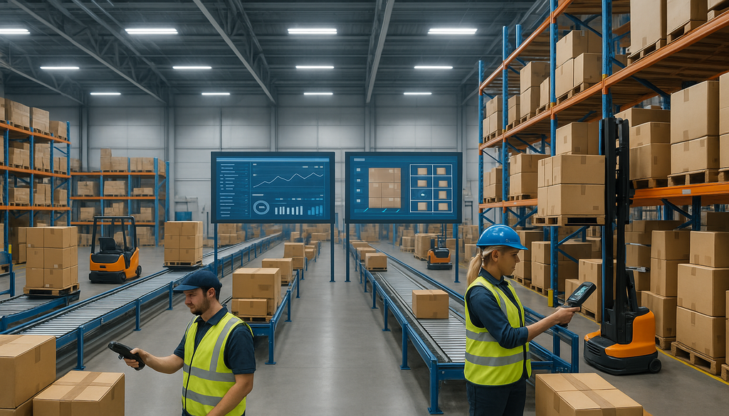 Warehouse with shelves of cardboard boxes, conveyor belts, and workers using tablets.