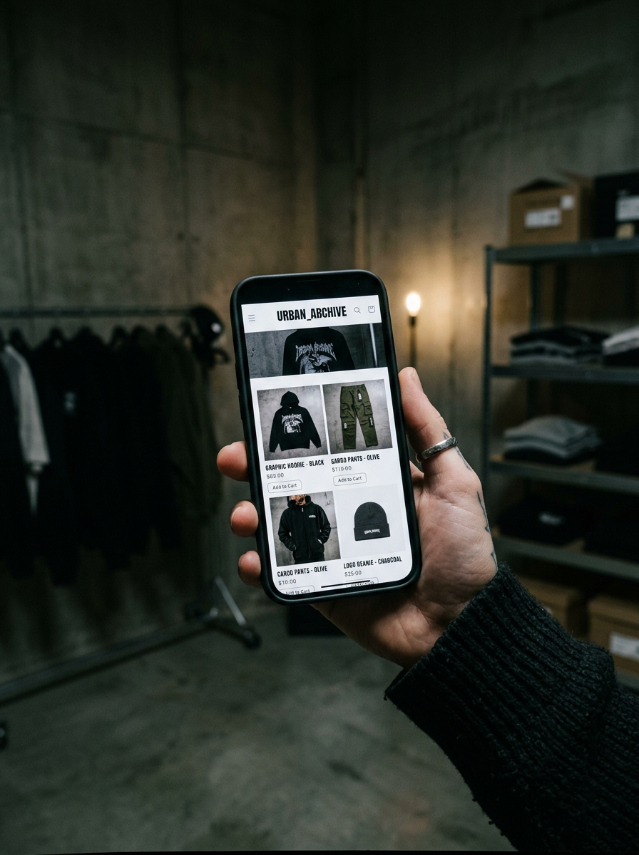 Person holding a smartphone displaying an online apparel store called Urban Archive, with clothing items like hoodie, cargo pants, and beanie on the screen, in a dimly lit room with clothing racks and shelves in the background.