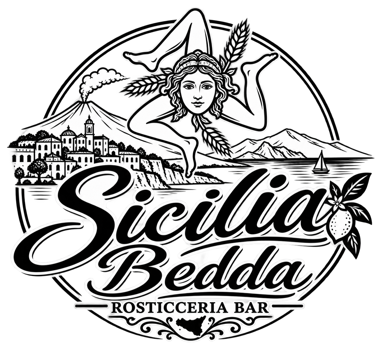 Schwarz-weiß-Logo mit mediterranen Motiven, einer weiblichen Figur mit Welle und Pflanzen, einer Stadt mit Gebäuden, Bergen, Meer, Boot und Zitronen. Text: Sicilia Beddau, Rosticceria Bar.