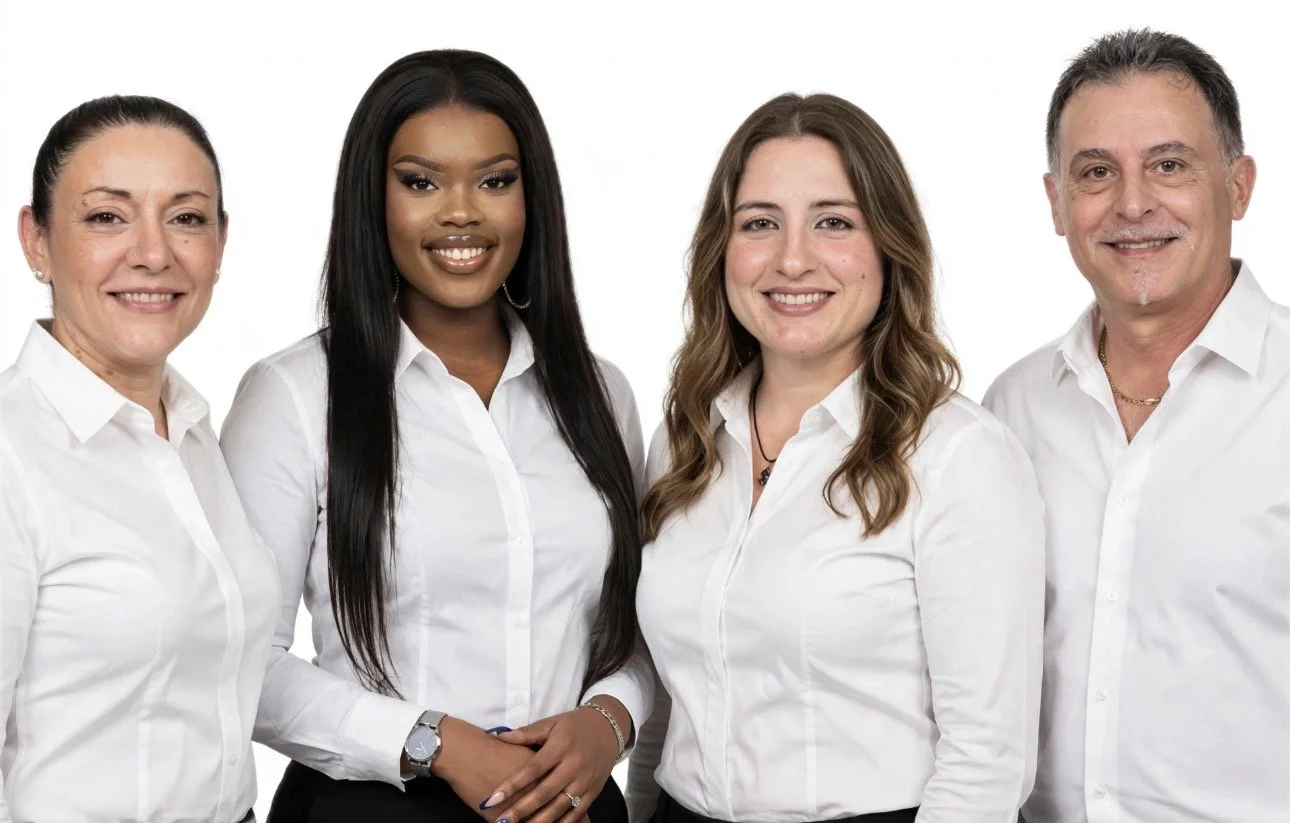 Vier Menschen, drei Frauen und ein Mann, in weißen Hemden, stehen vor weißem Hintergrund, smiles, professionelles Porträt.