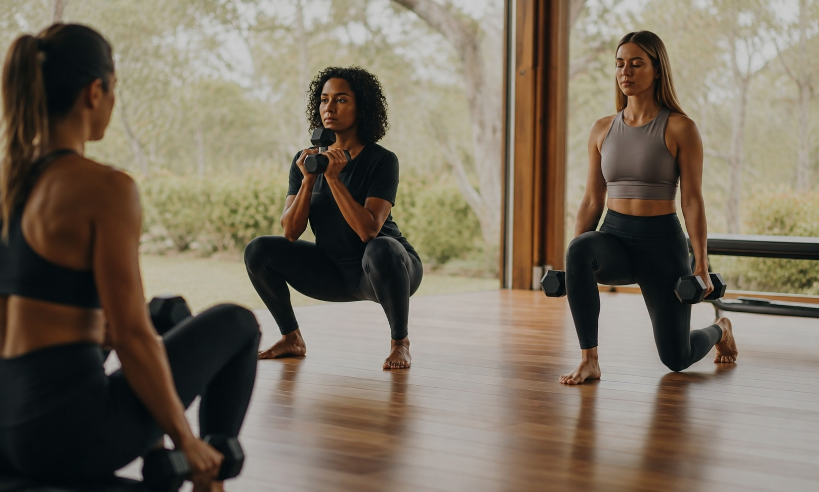 Three women in workout clothes performing lunges with dumbbells inside a gym with large windows and a view of trees outside.