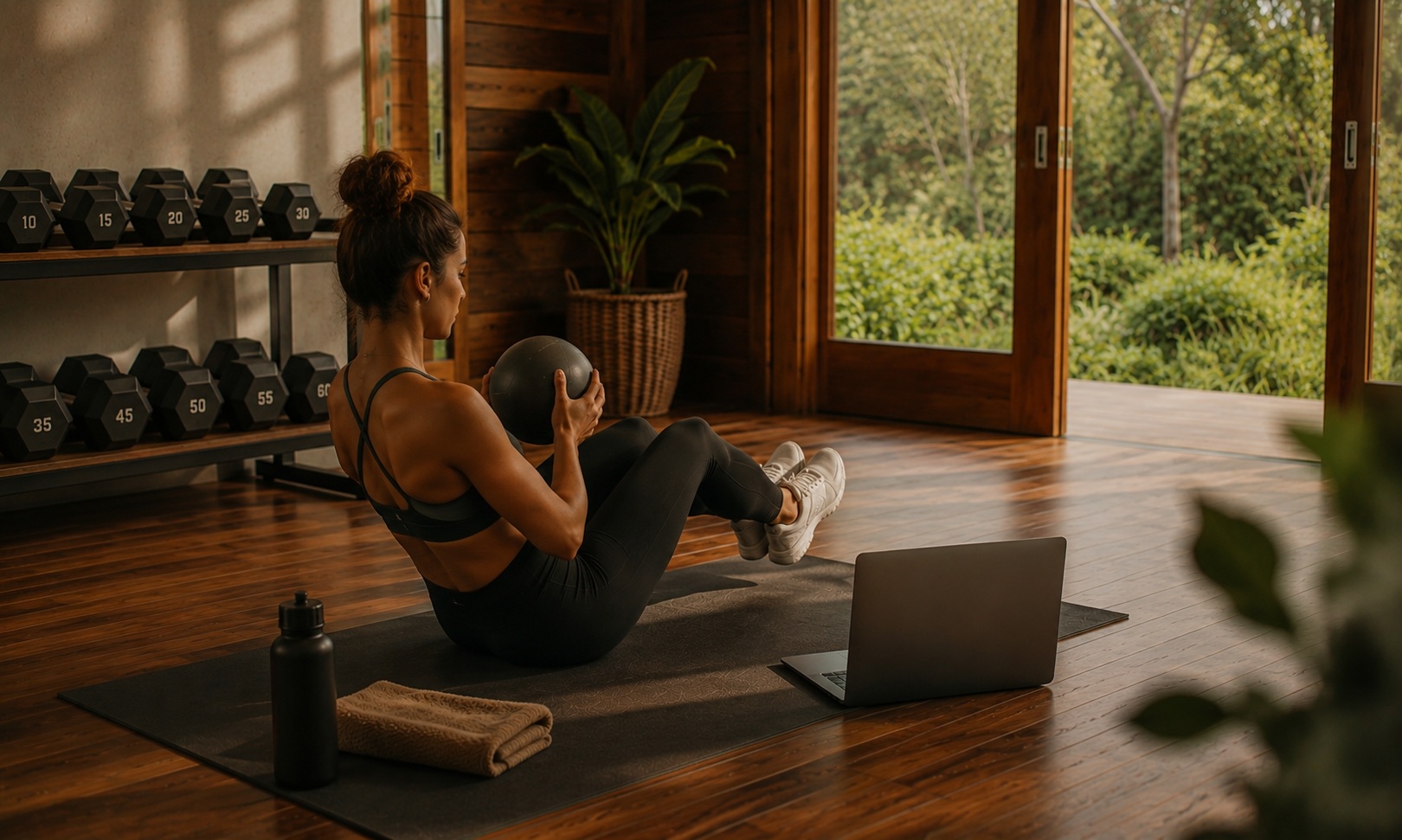 A woman exercising indoors on a yoga mat, holding a medicine ball, with dumbbells on shelves, a laptop, water bottle, and towel nearby, overlooking a garden through open sliding doors.