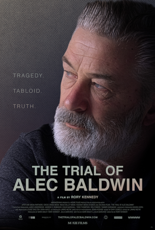 Poster for the film featuring a close-up of  Alec Baldwin, presenting as an older man with gray hair and beard, looking to the right, with the words 'Tragedy, Tabloid, Truth,' and the title 'The Trial of Alec Baldwin' with credits.