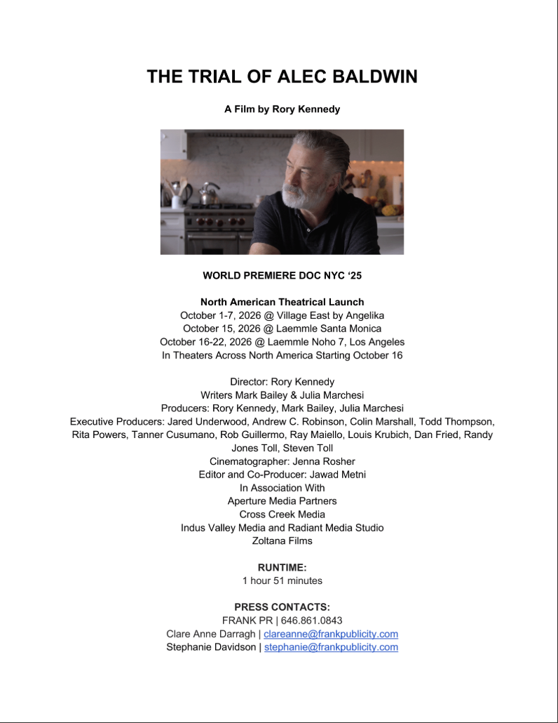 Preview image. Press notes for the film "The Trial of Alec Baldwin" directed by Rory Kennedy, featuring a photo of Alec Baldwin with gray hair and a beard in a kitchen setting.