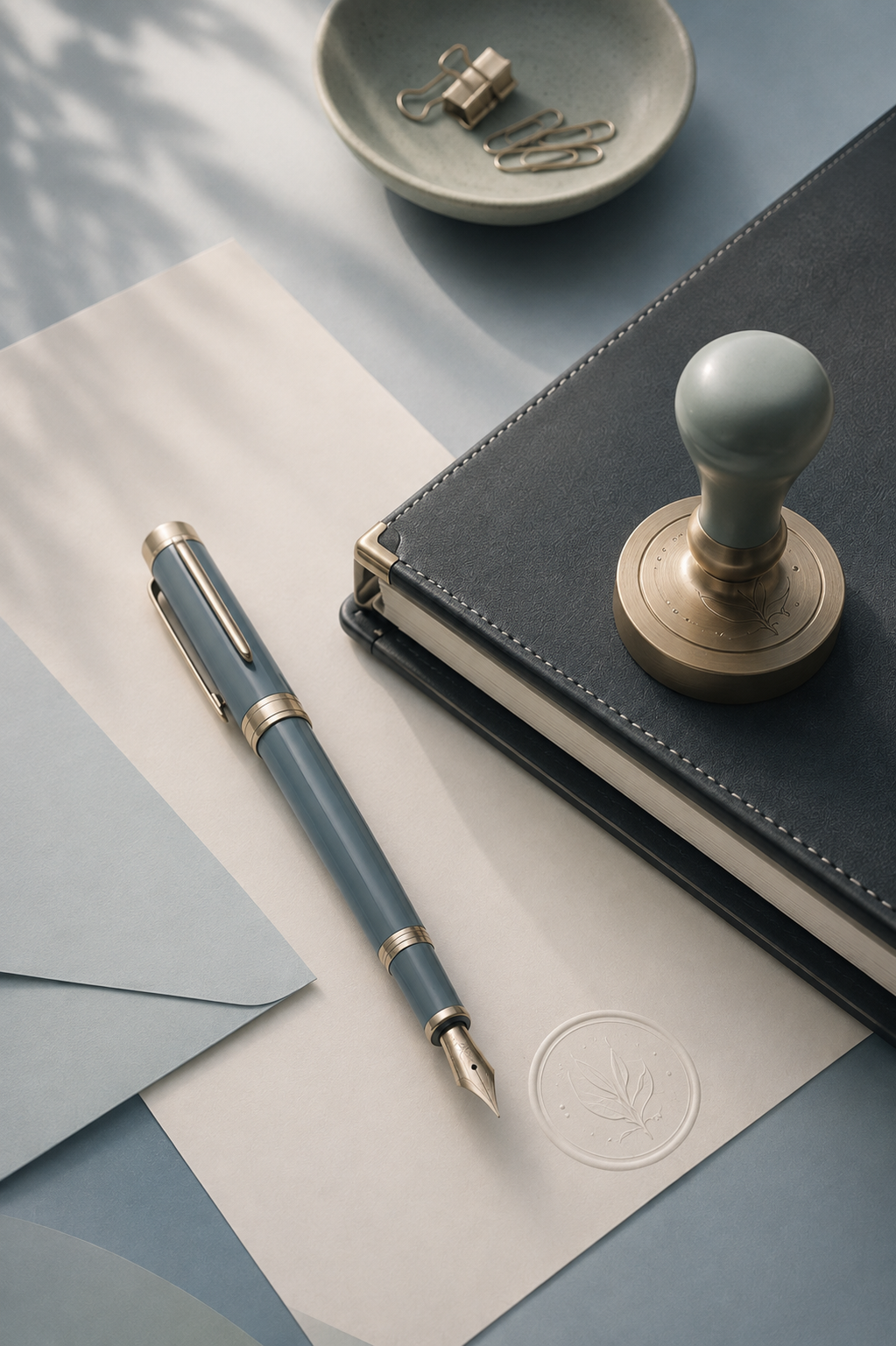 A desk workspace with a fountain pen, a sealed envelope with a wax seal, a sealed stamp, a closed notebook, and binder clips on a ceramic dish.