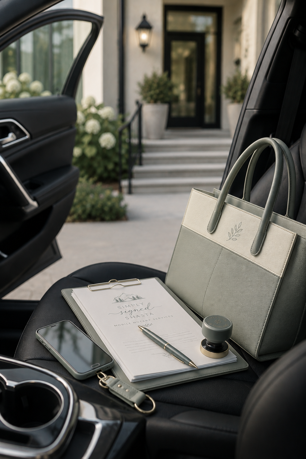Inside a car with a view of a house's front steps and garden, a beige tote bag, a gray organizer, paper with signatures, a pen, a smartphone, and a stamp on the seat.