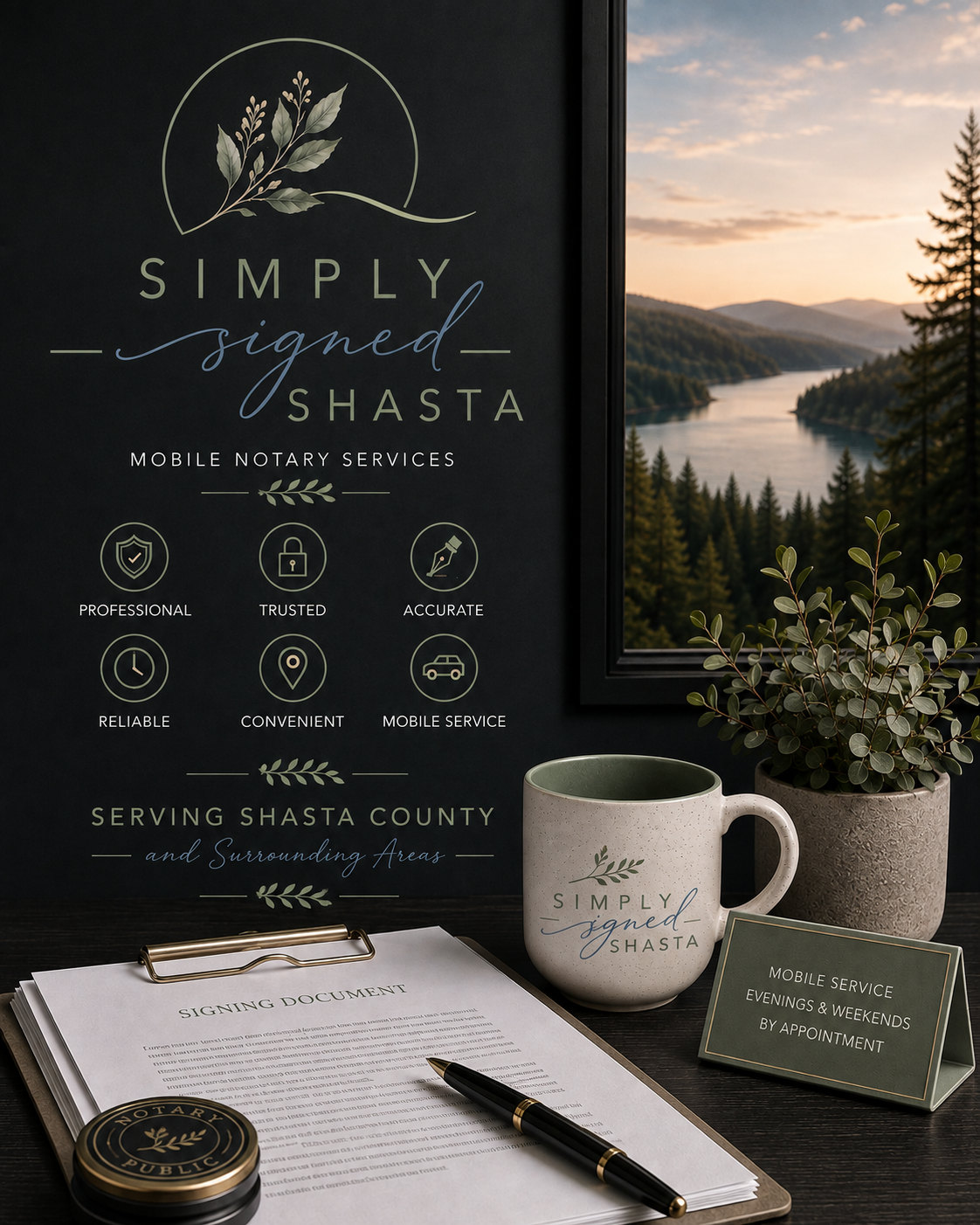 A business display for Simply Signed Shasta, offering mobile notary services in Shasta County. Features include icons and text highlighting professionalism, trustworthiness, accuracy, reliability, convenience, and mobile service, with a scenic landscape view through a window. Items on the desk include a signing document on a clipboard, a pen, a notary seal, a mug with the company name, and a plant, with notes about the service area and appointment scheduling.