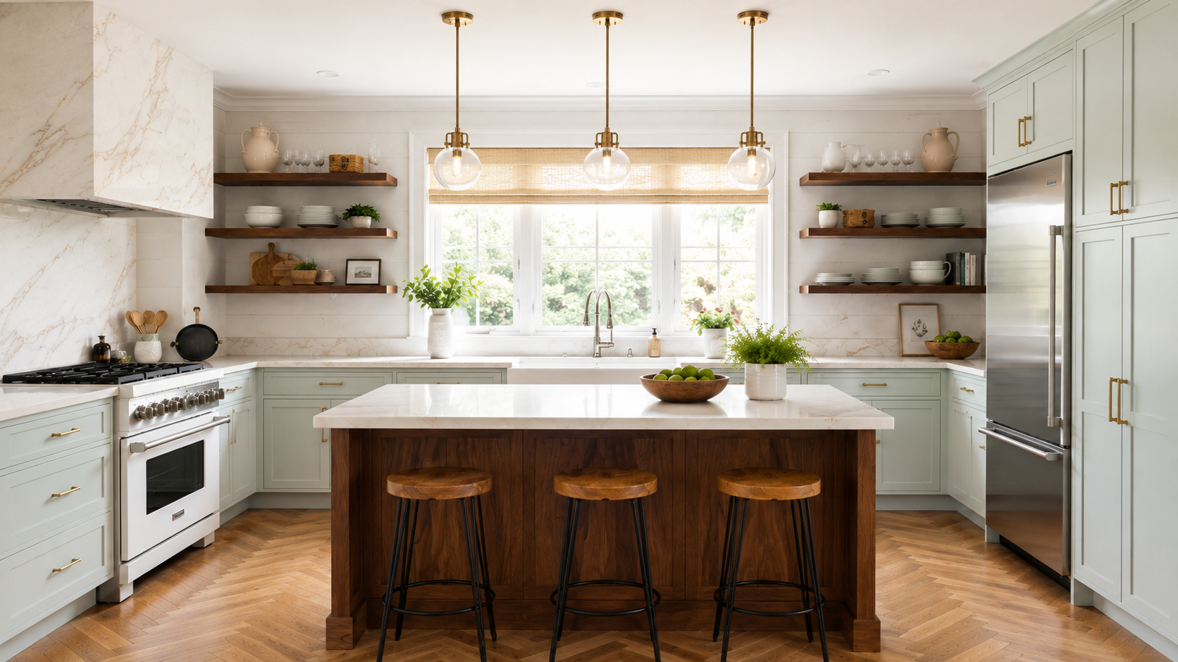 Bright kitchen with white cabinets, wooden open shelves, a center island with a wooden base, three bar stools, large window with greenery outside, and pendant lights hanging above. Decor includes plants, bowls, and framed artwork.