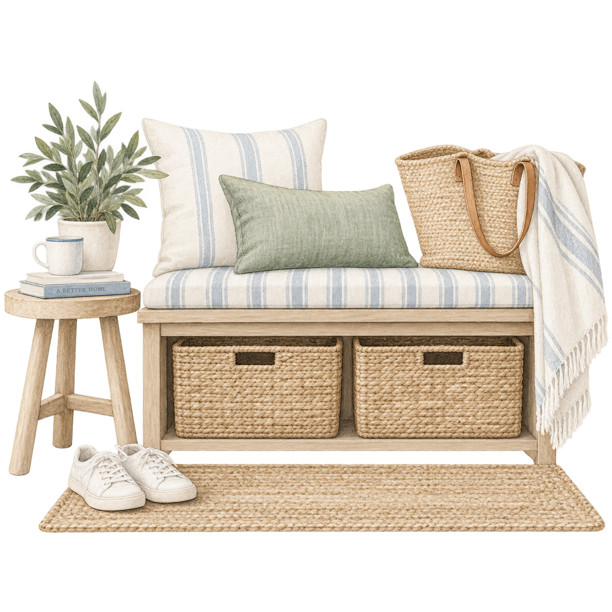 Cozy entryway with wooden storage bench, two woven baskets, green and striped pillows, potted plant, white sneakers, and a small side table with books, mug, and plant. Decor includes a beige rug and a white throw blanket.