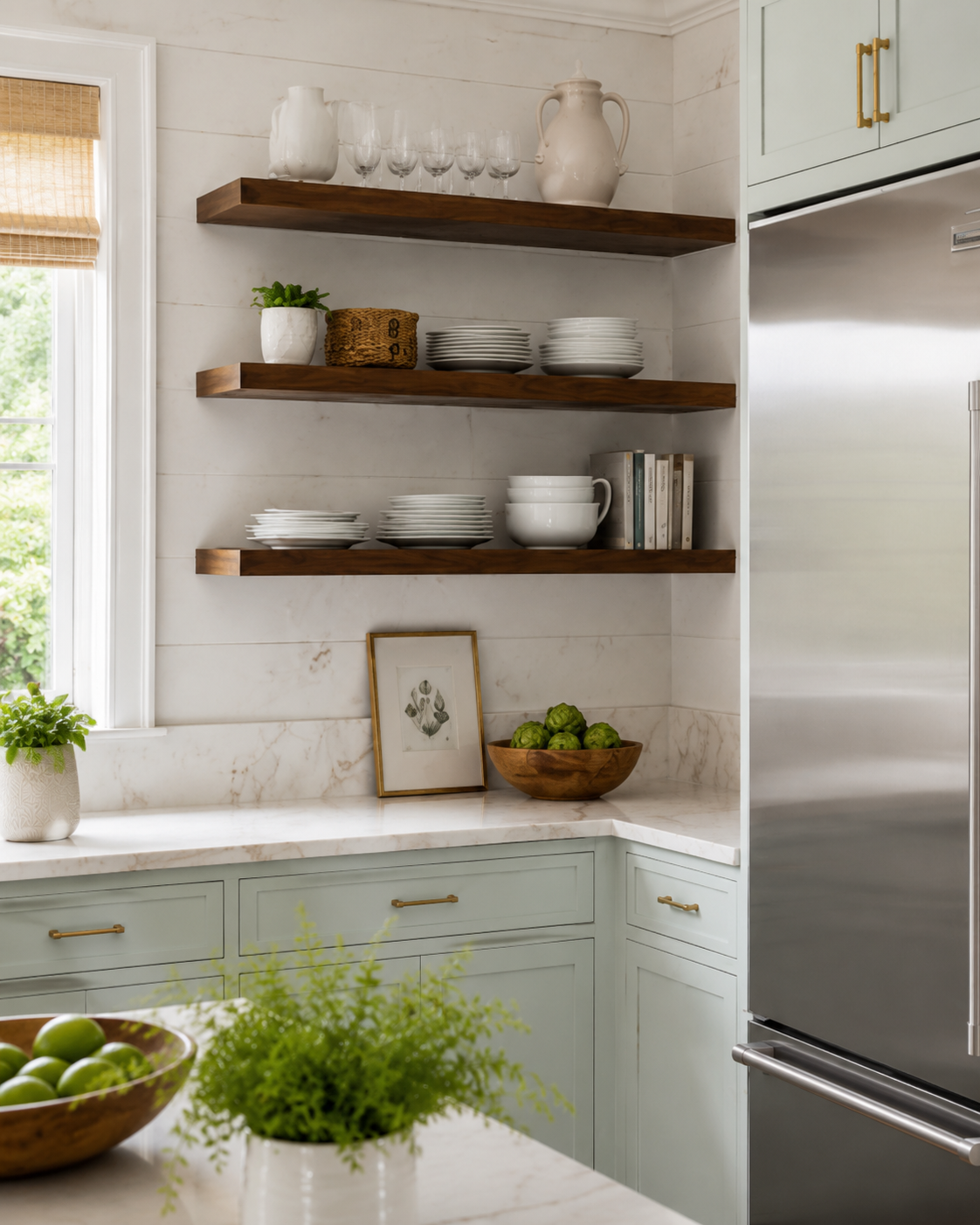 Kitchen with white shiplap walls, wooden open shelves holding white dishes, glasses, and decorative items, mint green cabinets, marble countertops, a potted plant, framed botanical art, a bowl of broccoli, and a window with a bamboo shade.
