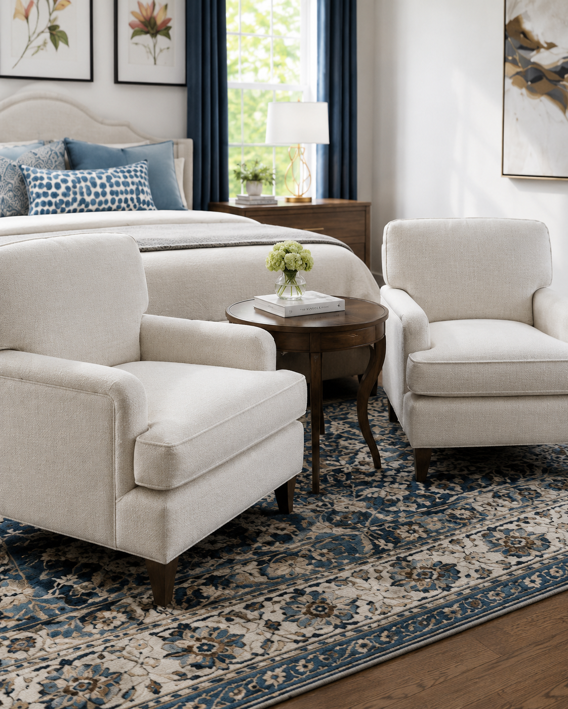 A cozy bedroom scene with a bed, upholstered armchairs, a wooden side table with a vase of green flowers, and a patterned area rug.
