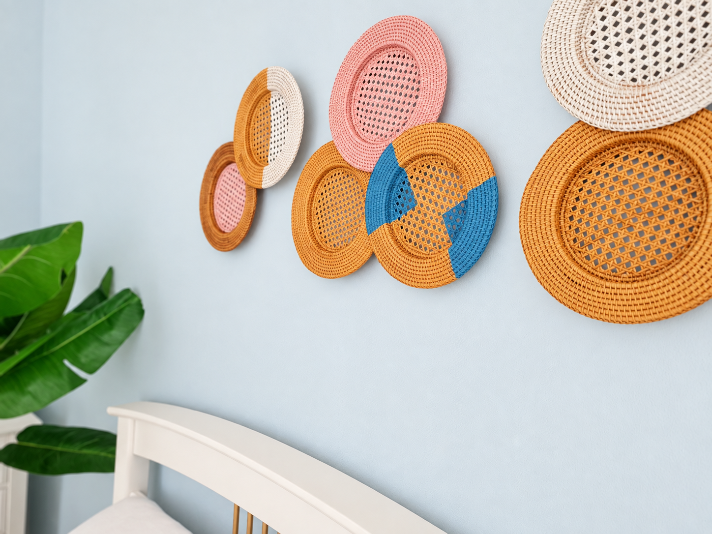 Woven basket wall art on blue wall