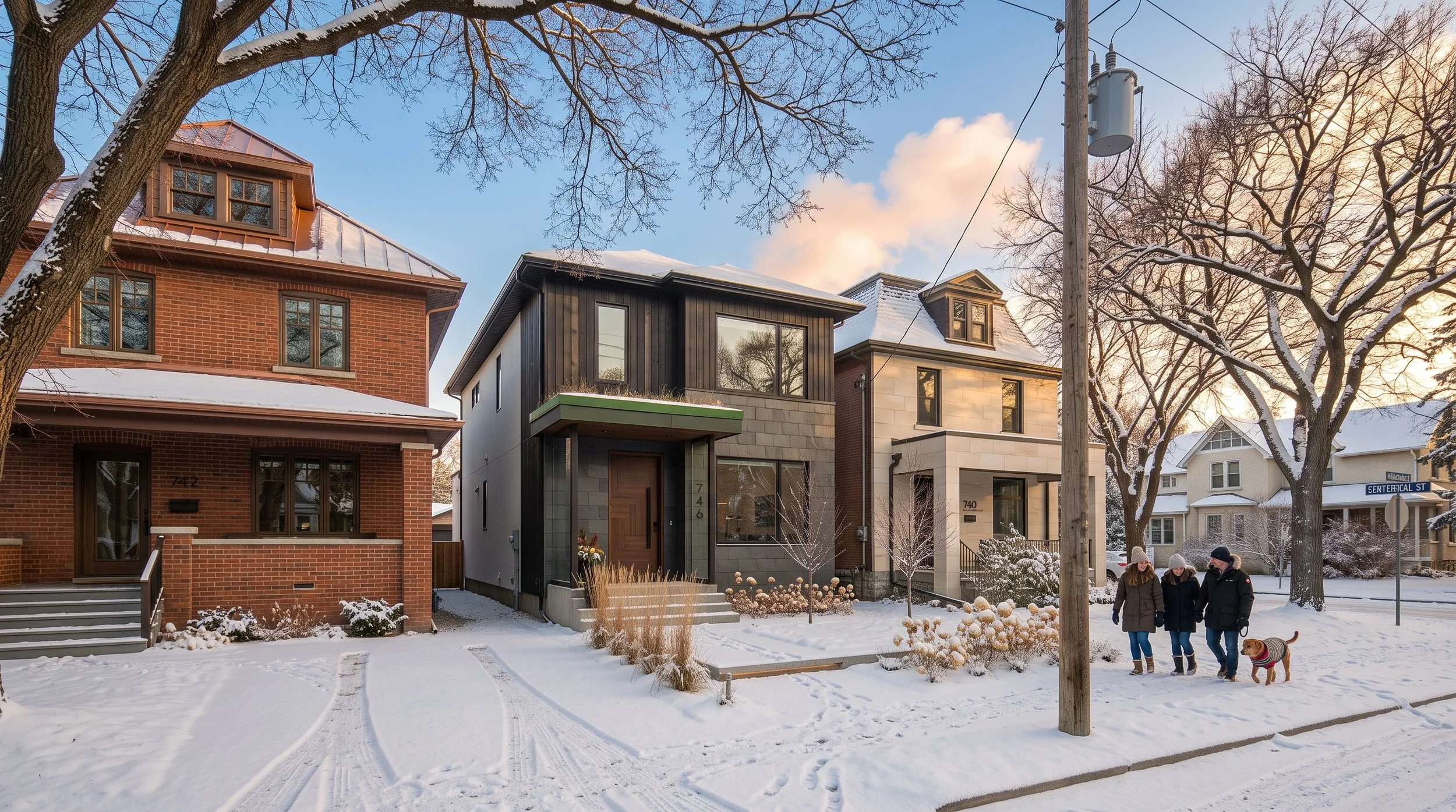 Snow-covered residential neighborhood with three modern houses, leafless trees, and a street sign reading Sentential St. Four people, wearing winter clothing, walk with a dog in the snow.