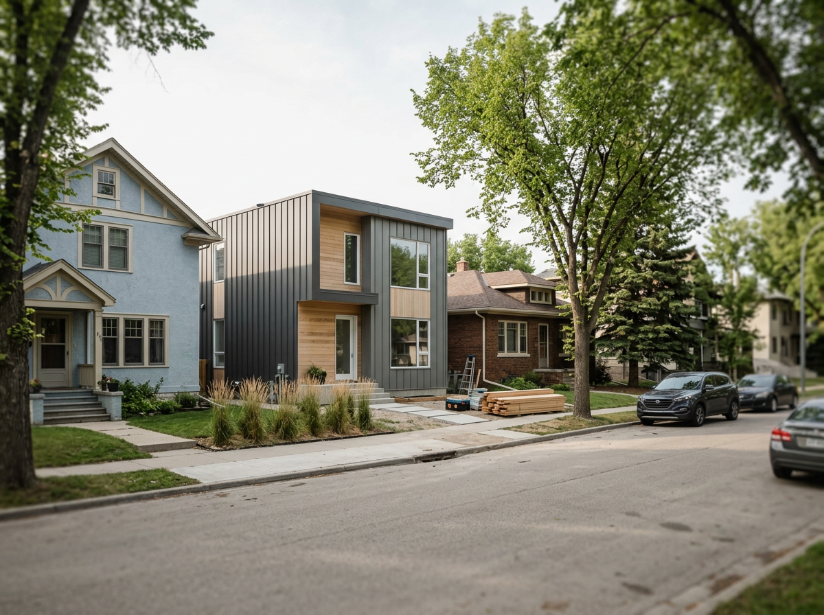 New modern two-story house under construction on a suburban street with tree and construction materials outside.