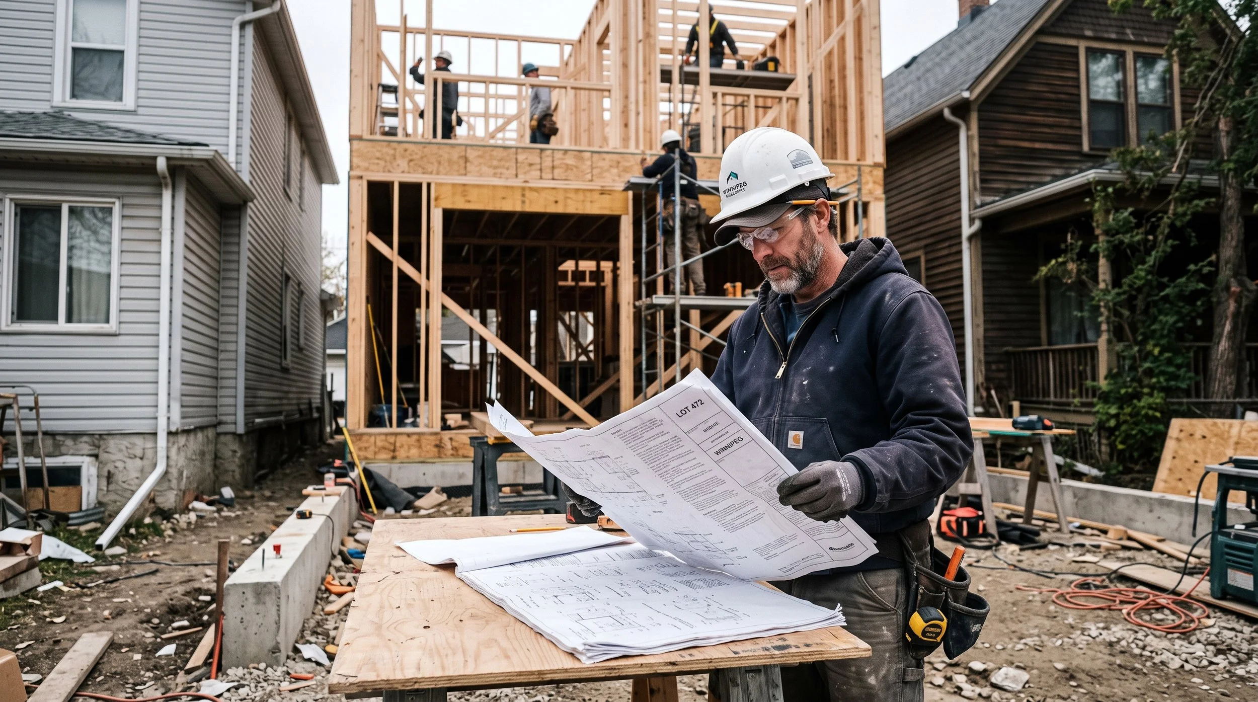 A construction site with workers building a wooden house frame. A man in the foreground is examining blueprints, wearing a hard hat and safety glasses. The background shows the wooden structure and neighboring houses.