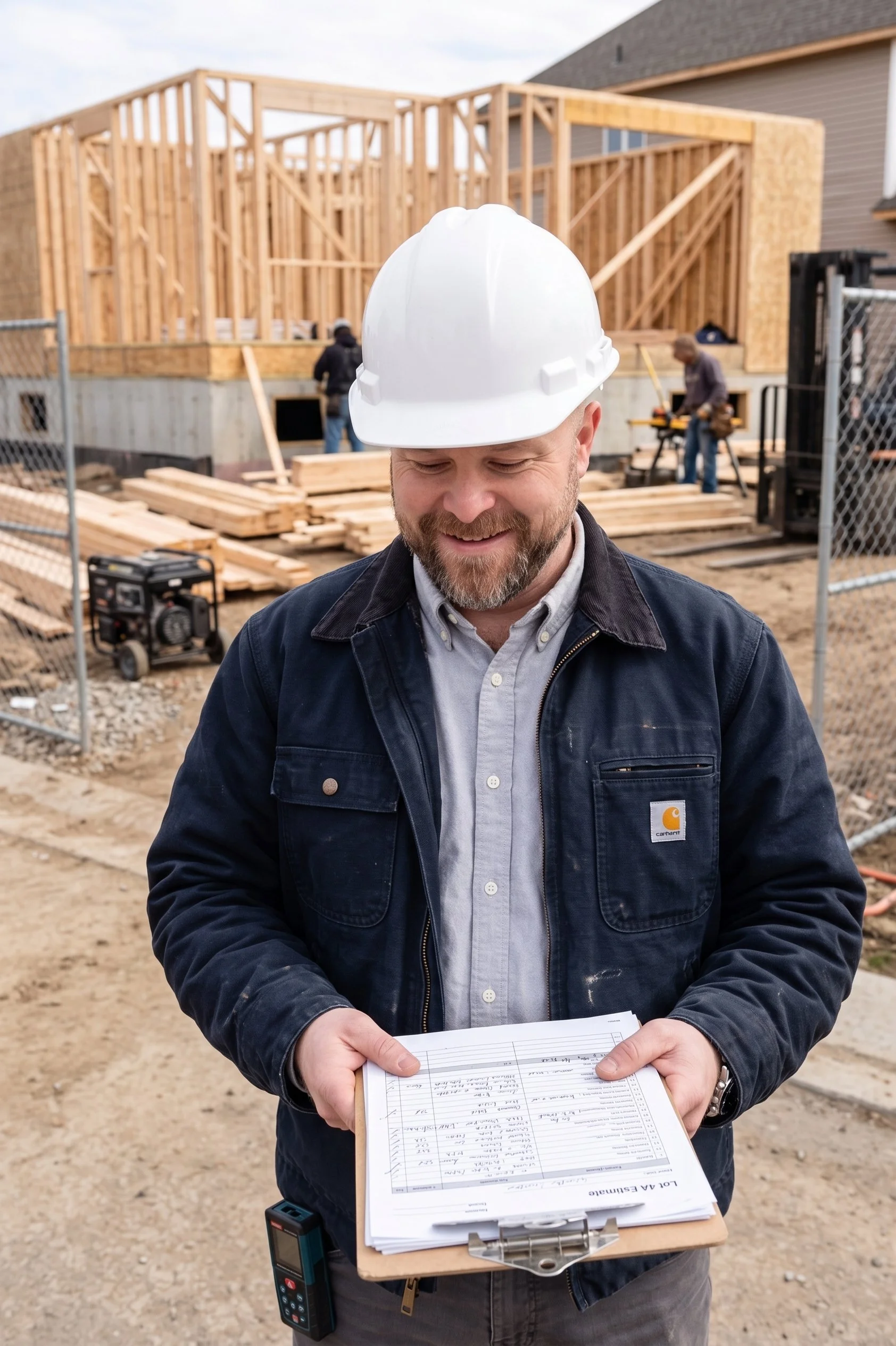 A man wearing a white safety helmet and a dark jacket is smiling and holding a clipboard with documents. Behind him, there is a construction site with a wooden frame of a building, construction workers, and building materials.